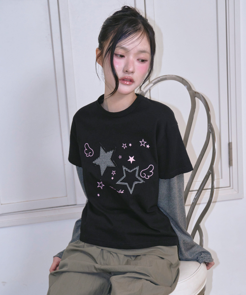THE GREEN LAB（ザグリーンラボ）の「スターパッチSTレイヤードTシャツ[ブラック]（Tシャツ/カットソー・レディース・その他・FREE）」の4枚目の写真