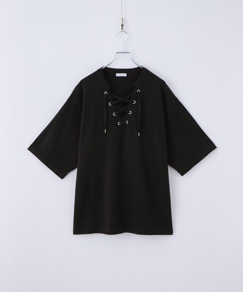 cussil(クシル)の「【cussil/クシル】メタルアイレットレースアップサマーニット半袖Tシャツ(Tシャツ/カットソー・メンズ・オフホワイト/ブラック・L/M/S)」の15枚目の写真