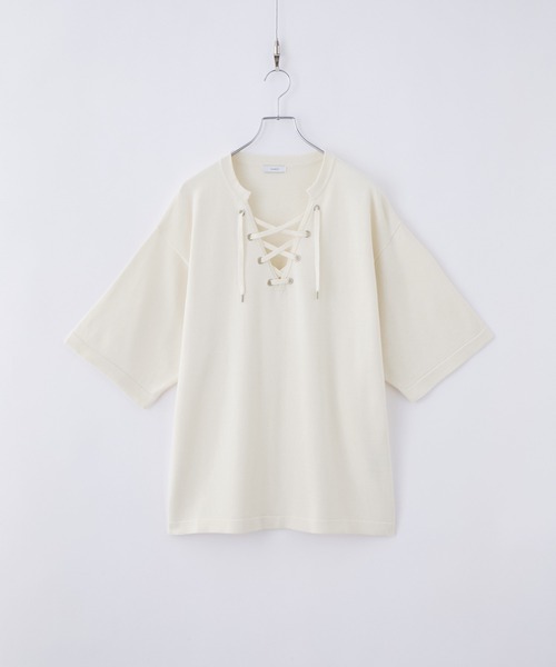 cussil(クシル)の「【cussil/クシル】メタルアイレットレースアップサマーニット半袖Tシャツ(Tシャツ/カットソー・メンズ・オフホワイト/ブラック・L/M/S)」の18枚目の写真