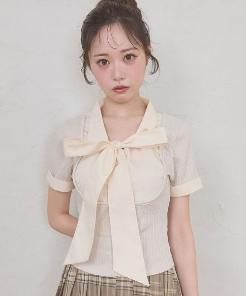 MAJESTIC LEGON(マジェスティックレゴン)の「2wayリボンレイヤードライクトップス(Tシャツ/カットソー・レディース・アイボリー/ピンクベージュ/ブラック/グレー・MEDIUM)」の4枚目の写真