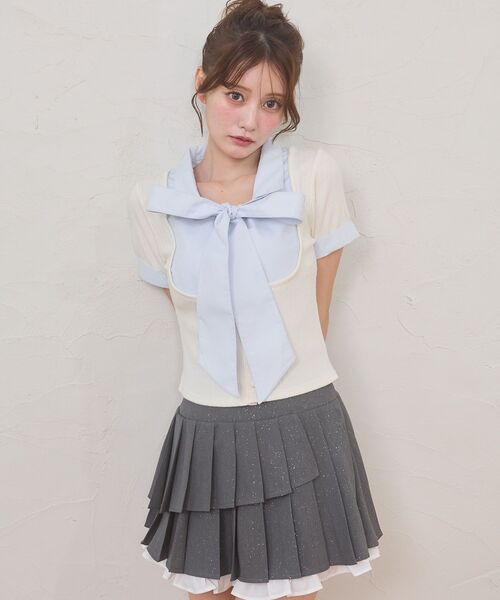 MAJESTIC LEGON(マジェスティックレゴン)の「2wayリボンレイヤードライクトップス(Tシャツ/カットソー・レディース・アイボリー/ピンクベージュ/ブラック/グレー・MEDIUM)」の2枚目の写真