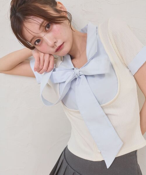MAJESTIC LEGON(マジェスティックレゴン)の「2wayリボンレイヤードライクトップス(Tシャツ/カットソー・レディース・アイボリー/ピンクベージュ/ブラック/グレー・MEDIUM)」の22枚目の写真