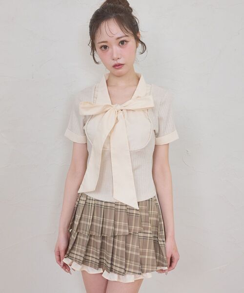 MAJESTIC LEGON(マジェスティックレゴン)の「2wayリボンレイヤードライクトップス(Tシャツ/カットソー・レディース・アイボリー/ピンクベージュ/ブラック/グレー・MEDIUM)」の19枚目の写真
