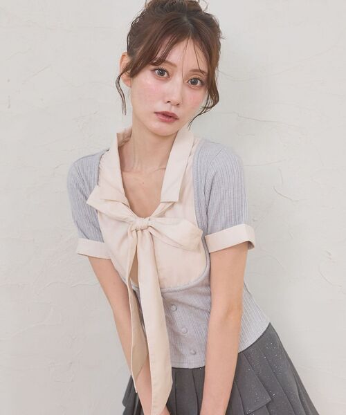 MAJESTIC LEGON(マジェスティックレゴン)の「2wayリボンレイヤードライクトップス(Tシャツ/カットソー・レディース・アイボリー/ピンクベージュ/ブラック/グレー・MEDIUM)」の15枚目の写真