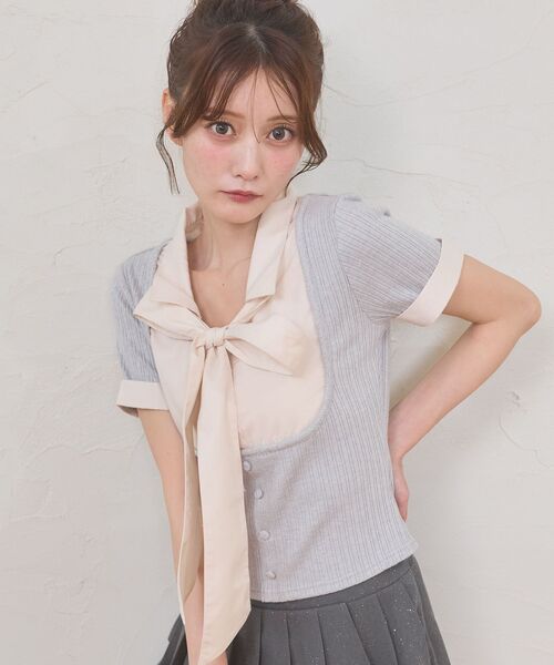 MAJESTIC LEGON(マジェスティックレゴン)の「2wayリボンレイヤードライクトップス(Tシャツ/カットソー・レディース・アイボリー/ピンクベージュ/ブラック/グレー・MEDIUM)」の14枚目の写真
