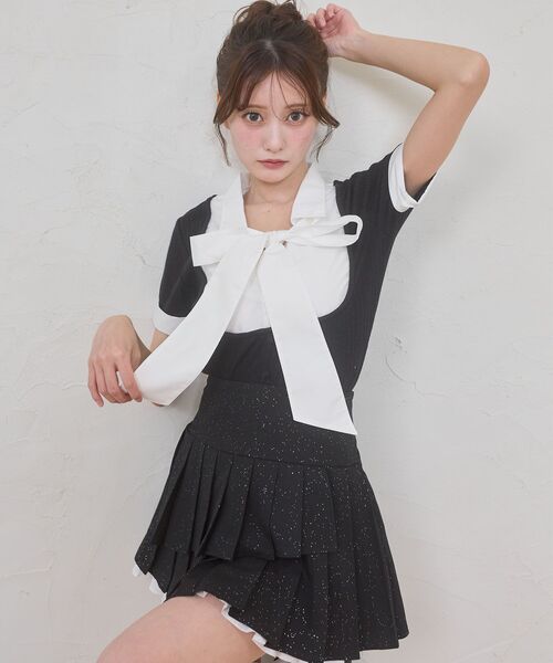 MAJESTIC LEGON(マジェスティックレゴン)の「2wayリボンレイヤードライクトップス(Tシャツ/カットソー・レディース・アイボリー/ピンクベージュ/ブラック/グレー・MEDIUM)」の9枚目の写真
