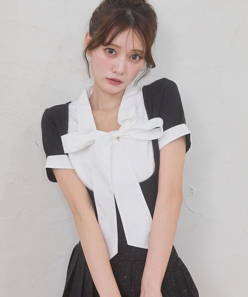 MAJESTIC LEGON(マジェスティックレゴン)の「2wayリボンレイヤードライクトップス(Tシャツ/カットソー・レディース・アイボリー/ピンクベージュ/ブラック/グレー・MEDIUM)」の7枚目の写真