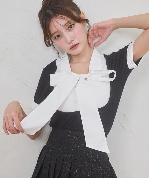 MAJESTIC LEGON(マジェスティックレゴン)の「2wayリボンレイヤードライクトップス(Tシャツ/カットソー・レディース・アイボリー/ピンクベージュ/ブラック/グレー・MEDIUM)」の6枚目の写真