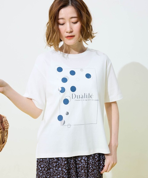 Petit Honfleur(プチオンフルール)の「ドットプリントTシャツ(Tシャツ/カットソー・レディース・アイボリー/ネイビー/ホワイト・M/L)」の1枚目の写真