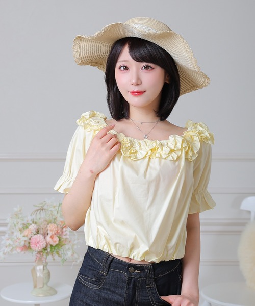 Anely(アネリー)の「Anely オフショル フリル パフスリーブ ショート ブラウス(シャツ/ブラウス・レディース・イエロー/ブラック/ホワイト・FREE)」の15枚目の写真