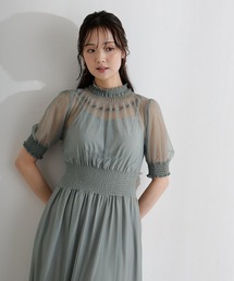 袖あり&ミモレ丈 同窓会成人式 シャーリングハイネックシアー お呼ばれ 結婚式二次会 フォーマル オケージョンドレス パーティードレス