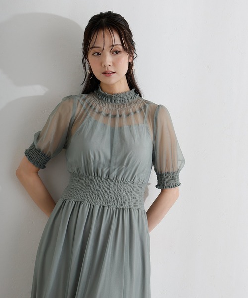 PourVous（プールヴー）の「袖あり&ミモレ丈 同窓会成人式 シャーリングハイネックシアー お呼ばれ 結婚式二次会 フォーマル オケージョンドレス パーティードレス（ドレス・レディース・ブルー/グリーン/チャコール・M/S）」の3枚目の写真