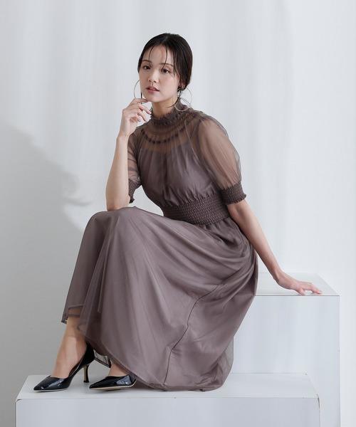 PourVous（プールヴー）の「袖あり&ミモレ丈 同窓会成人式 シャーリングハイネックシアー お呼ばれ 結婚式二次会 フォーマル オケージョンドレス パーティードレス（ドレス・レディース・ブルー/グリーン/チャコール・M/S）」の2枚目の写真