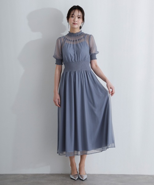 PourVous（プールヴー）の「袖あり&ミモレ丈 同窓会成人式 シャーリングハイネックシアー お呼ばれ 結婚式二次会 フォーマル オケージョンドレス パーティードレス（ドレス・レディース・ブルー/グリーン/チャコール・M/S）」の16枚目の写真