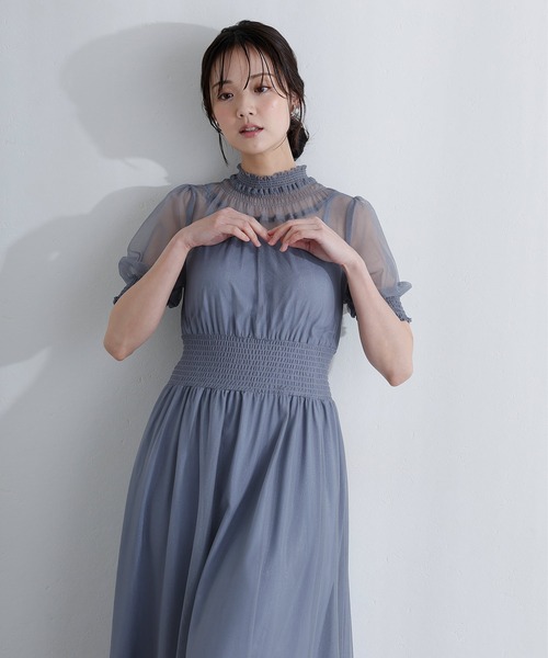 PourVous（プールヴー）の「袖あり&ミモレ丈 同窓会成人式 シャーリングハイネックシアー お呼ばれ 結婚式二次会 フォーマル オケージョンドレス パーティードレス（ドレス・レディース・ブルー/グリーン/チャコール・M/S）」の19枚目の写真