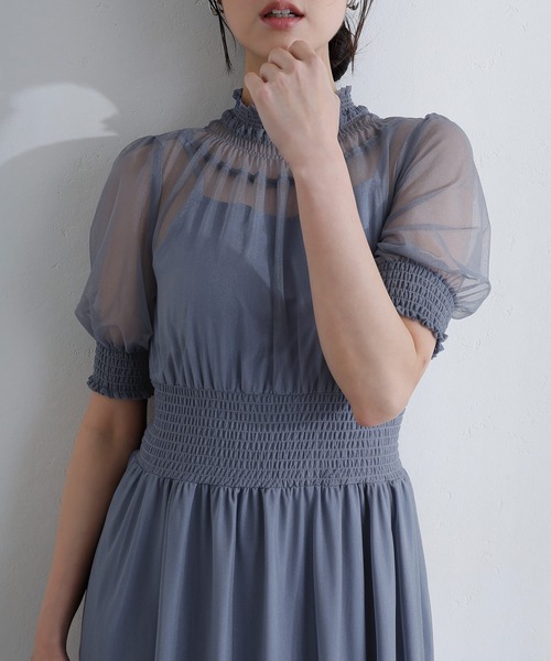 PourVous（プールヴー）の「袖あり&ミモレ丈 同窓会成人式 シャーリングハイネックシアー お呼ばれ 結婚式二次会 フォーマル オケージョンドレス パーティードレス（ドレス・レディース・ブルー/グリーン/チャコール・M/S）」の20枚目の写真