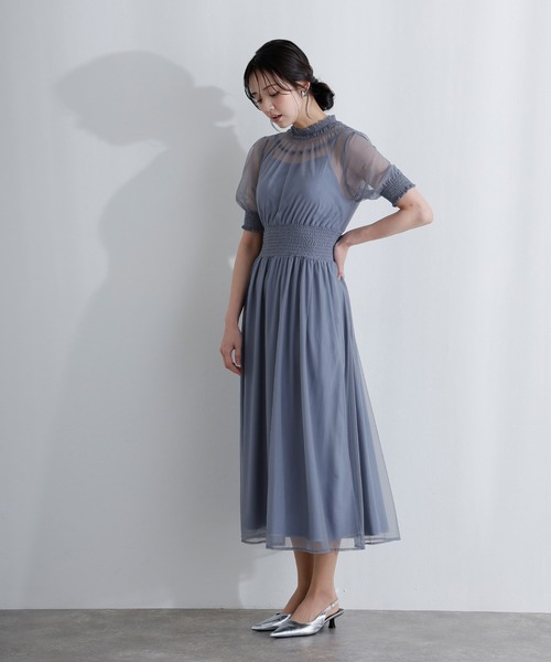 PourVous（プールヴー）の「袖あり&ミモレ丈 同窓会成人式 シャーリングハイネックシアー お呼ばれ 結婚式二次会 フォーマル オケージョンドレス パーティードレス（ドレス・レディース・ブルー/グリーン/チャコール・M/S）」の22枚目の写真