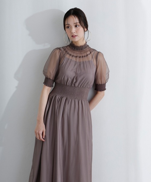 PourVous（プールヴー）の「袖あり&ミモレ丈 同窓会成人式 シャーリングハイネックシアー お呼ばれ 結婚式二次会 フォーマル オケージョンドレス パーティードレス（ドレス・レディース・ブルー/グリーン/チャコール・M/S）」の4枚目の写真