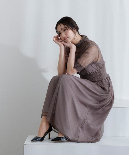 PourVous（プールヴー）の「袖あり&ミモレ丈 同窓会成人式 シャーリングハイネックシアー お呼ばれ 結婚式二次会 フォーマル オケージョンドレス パーティードレス（ドレス・レディース・ブルー/グリーン/チャコール・M/S）」の5枚目の写真