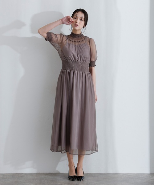 PourVous（プールヴー）の「袖あり&ミモレ丈 同窓会成人式 シャーリングハイネックシアー お呼ばれ 結婚式二次会 フォーマル オケージョンドレス パーティードレス（ドレス・レディース・ブルー/グリーン/チャコール・M/S）」の6枚目の写真