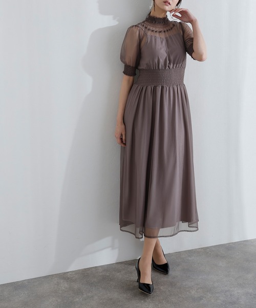 PourVous（プールヴー）の「袖あり&ミモレ丈 同窓会成人式 シャーリングハイネックシアー お呼ばれ 結婚式二次会 フォーマル オケージョンドレス パーティードレス（ドレス・レディース・ブルー/グリーン/チャコール・M/S）」の7枚目の写真
