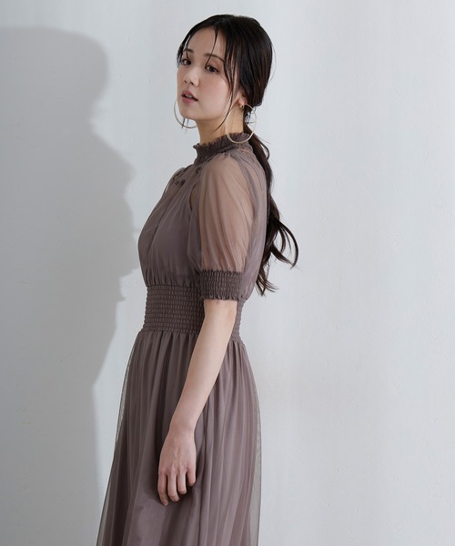 PourVous（プールヴー）の「袖あり&ミモレ丈 同窓会成人式 シャーリングハイネックシアー お呼ばれ 結婚式二次会 フォーマル オケージョンドレス パーティードレス（ドレス・レディース・ブルー/グリーン/チャコール・M/S）」の8枚目の写真