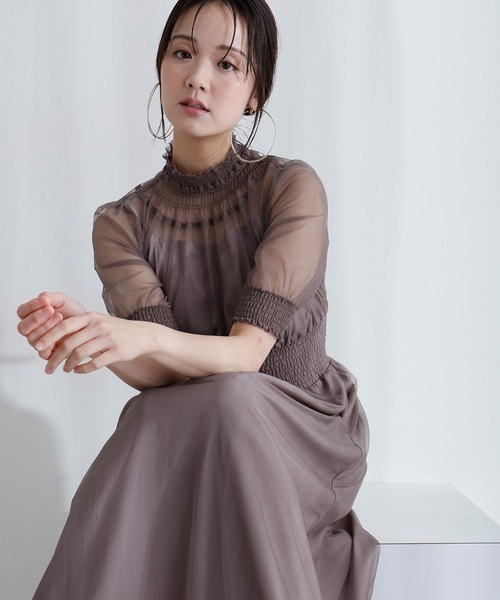 PourVous（プールヴー）の「袖あり&ミモレ丈 同窓会成人式 シャーリングハイネックシアー お呼ばれ 結婚式二次会 フォーマル オケージョンドレス パーティードレス（ドレス・レディース・ブルー/グリーン/チャコール・M/S）」の9枚目の写真