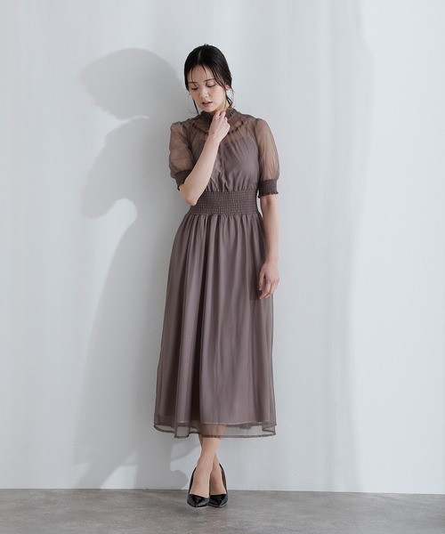 PourVous（プールヴー）の「袖あり&ミモレ丈 同窓会成人式 シャーリングハイネックシアー お呼ばれ 結婚式二次会 フォーマル オケージョンドレス パーティードレス（ドレス・レディース・ブルー/グリーン/チャコール・M/S）」の10枚目の写真