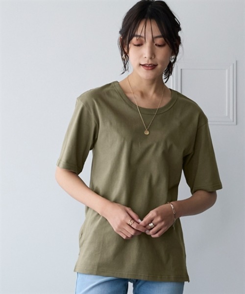 nissen(ニッセン)の「綿100%汗染みしにくいクルーネック5分袖Tシャツ<大きいサイズ有>(Tシャツ/カットソー・レディース・ダークグリーン/カーキ/ブラック/モカ/ピンク/イエロー/ネイビー/オフホワイト・3L/L/LL/S/M)」の5枚目の写真