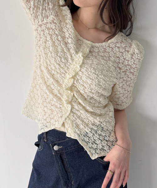 junoah（ジュノア）の「フロントギャザーカットレーストップス（キャミセット）（Tシャツ/カットソー・レディース・ブラック/アイボリー・MEDIUM/SMALL/LARGE）」の3枚目の写真
