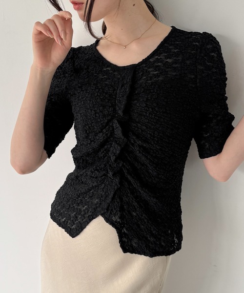junoah（ジュノア）の「フロントギャザーカットレーストップス（キャミセット）（Tシャツ/カットソー・レディース・ブラック/アイボリー・MEDIUM/SMALL/LARGE）」の6枚目の写真