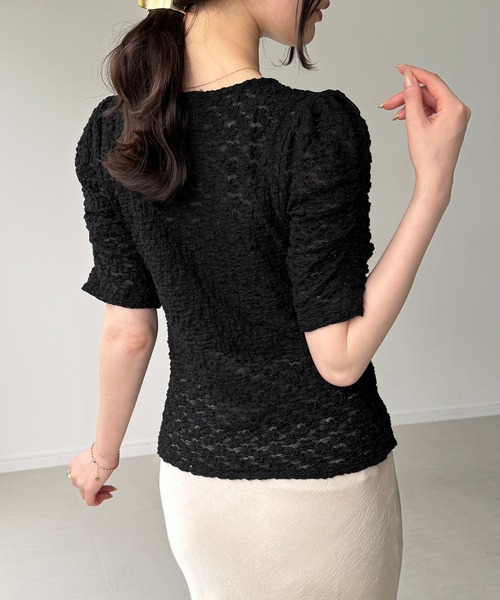 junoah（ジュノア）の「フロントギャザーカットレーストップス（キャミセット）（Tシャツ/カットソー・レディース・ブラック/アイボリー・MEDIUM/SMALL/LARGE）」の7枚目の写真