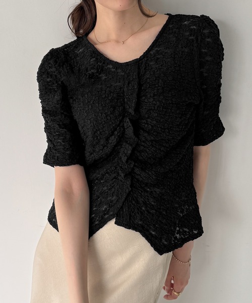 junoah（ジュノア）の「フロントギャザーカットレーストップス（キャミセット）（Tシャツ/カットソー・レディース・ブラック/アイボリー・MEDIUM/SMALL/LARGE）」の8枚目の写真