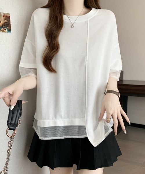 Diosfront(ディオスフロント)の「アシメシアー切替Tシャツ(Tシャツ/カットソー・レディース・ホワイト/ブラック・FREE)」の1枚目の写真