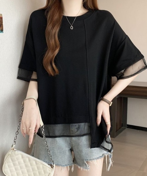 Diosfront(ディオスフロント)の「アシメシアー切替Tシャツ(Tシャツ/カットソー・レディース・ホワイト/ブラック・FREE)」の2枚目の写真