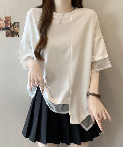 Diosfront(ディオスフロント)の「アシメシアー切替Tシャツ(Tシャツ/カットソー・レディース・ホワイト/ブラック・FREE)」の3枚目の写真