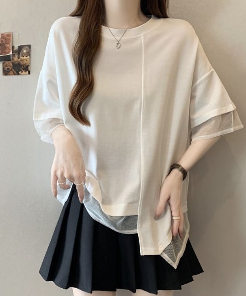 Diosfront(ディオスフロント)の「アシメシアー切替Tシャツ(Tシャツ/カットソー・レディース・ホワイト/ブラック・FREE)」の4枚目の写真
