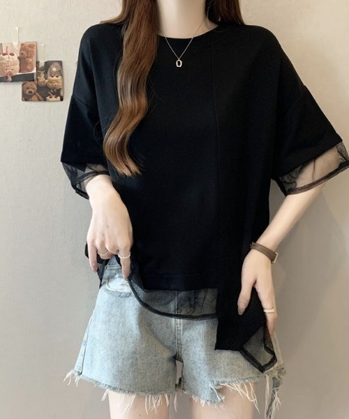 Diosfront(ディオスフロント)の「アシメシアー切替Tシャツ(Tシャツ/カットソー・レディース・ホワイト/ブラック・FREE)」の7枚目の写真