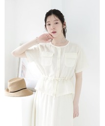 【2点セット】ポケット付きノーカラーブラウス×スカート