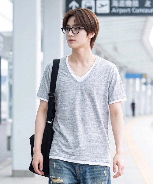 B.I.D.(ビーアイディー)の「《Bd》ユニセックス 杢天竺 レイヤード VネックTシャツ(Tシャツ/カットソー・メンズ・ホワイト/ブラック/グレー/ワインレッド・LARGE/X-LARGE/MEDIUM)」の4枚目の写真