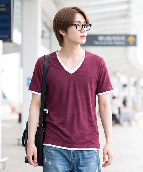B.I.D.(ビーアイディー)の「《Bd》ユニセックス 杢天竺 レイヤード VネックTシャツ(Tシャツ/カットソー・メンズ・ホワイト/ブラック/グレー/ワインレッド・LARGE/X-LARGE/MEDIUM)」の1枚目の写真