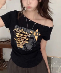 アシンメトリーメタルネック 半袖Tシャツ