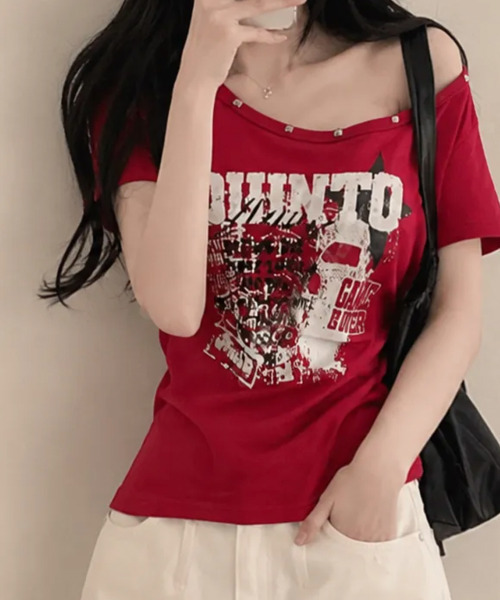 VIVID LADY(ビビッドレディー)の「アシンメトリーメタルネック 半袖Tシャツ(Tシャツ/カットソー・レディース・ホワイト/ライトグレー/レッド/ブラック/ネイビー・FREE)」の5枚目の写真