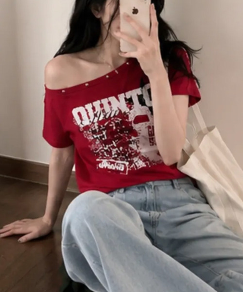 VIVID LADY(ビビッドレディー)の「アシンメトリーメタルネック 半袖Tシャツ(Tシャツ/カットソー・レディース・ホワイト/ライトグレー/レッド/ブラック/ネイビー・FREE)」の13枚目の写真