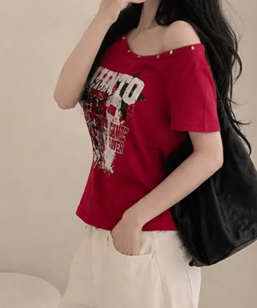 VIVID LADY(ビビッドレディー)の「アシンメトリーメタルネック 半袖Tシャツ(Tシャツ/カットソー・レディース・ホワイト/ライトグレー/レッド/ブラック/ネイビー・FREE)」の14枚目の写真