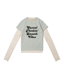 ドットシースルーロングスリーブレイヤードカジュアル半袖Tシャツセット(アイボリー/メランジ)