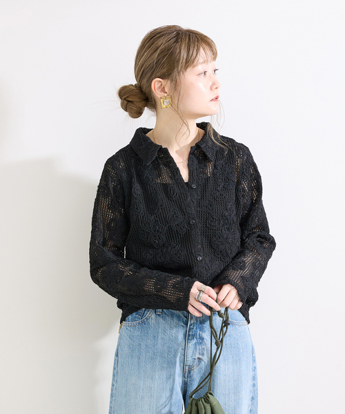 B.C STOCK(ベーセーストック)の「手洗い可 / カット3Dレースシャツ(シャツ/ブラウス・レディース・キャメル/ブラック・FREE)」の7枚目の写真