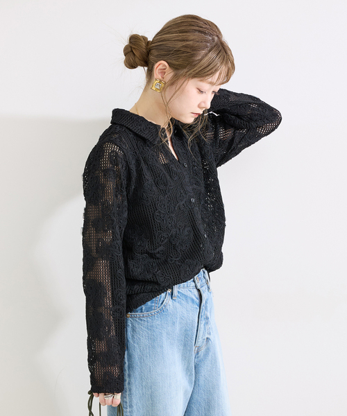 B.C STOCK(ベーセーストック)の「手洗い可 / カット3Dレースシャツ(シャツ/ブラウス・レディース・キャメル/ブラック・FREE)」の9枚目の写真