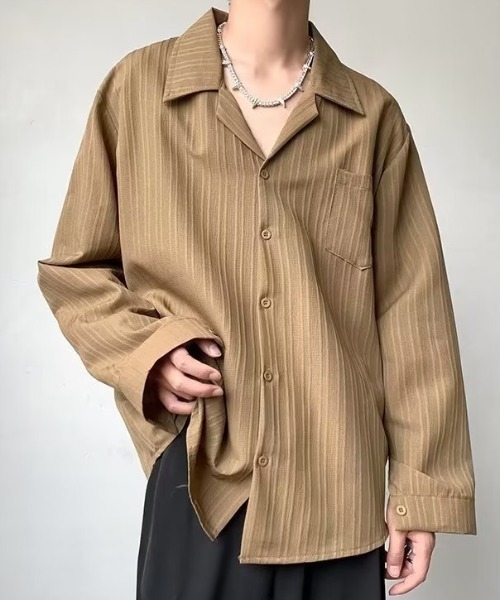 link lot(リンクロット)の「【26年秋冬新作アイテム】エンボス加工ストライプオープンカラー長袖シャツ(シャツ/ブラウス・メンズ・ベージュ/ブラック/ホワイト・M/L)」の3枚目の写真