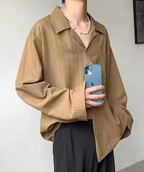 link lot(リンクロット)の「【26年秋冬新作アイテム】エンボス加工ストライプオープンカラー長袖シャツ(シャツ/ブラウス・メンズ・ベージュ/ブラック/ホワイト・M/L)」の9枚目の写真